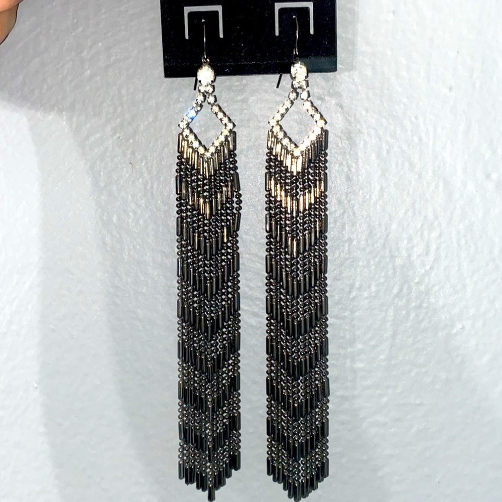 Gunmetal Black Rhinestone Hanging Earrings New - Picture 8 of 8